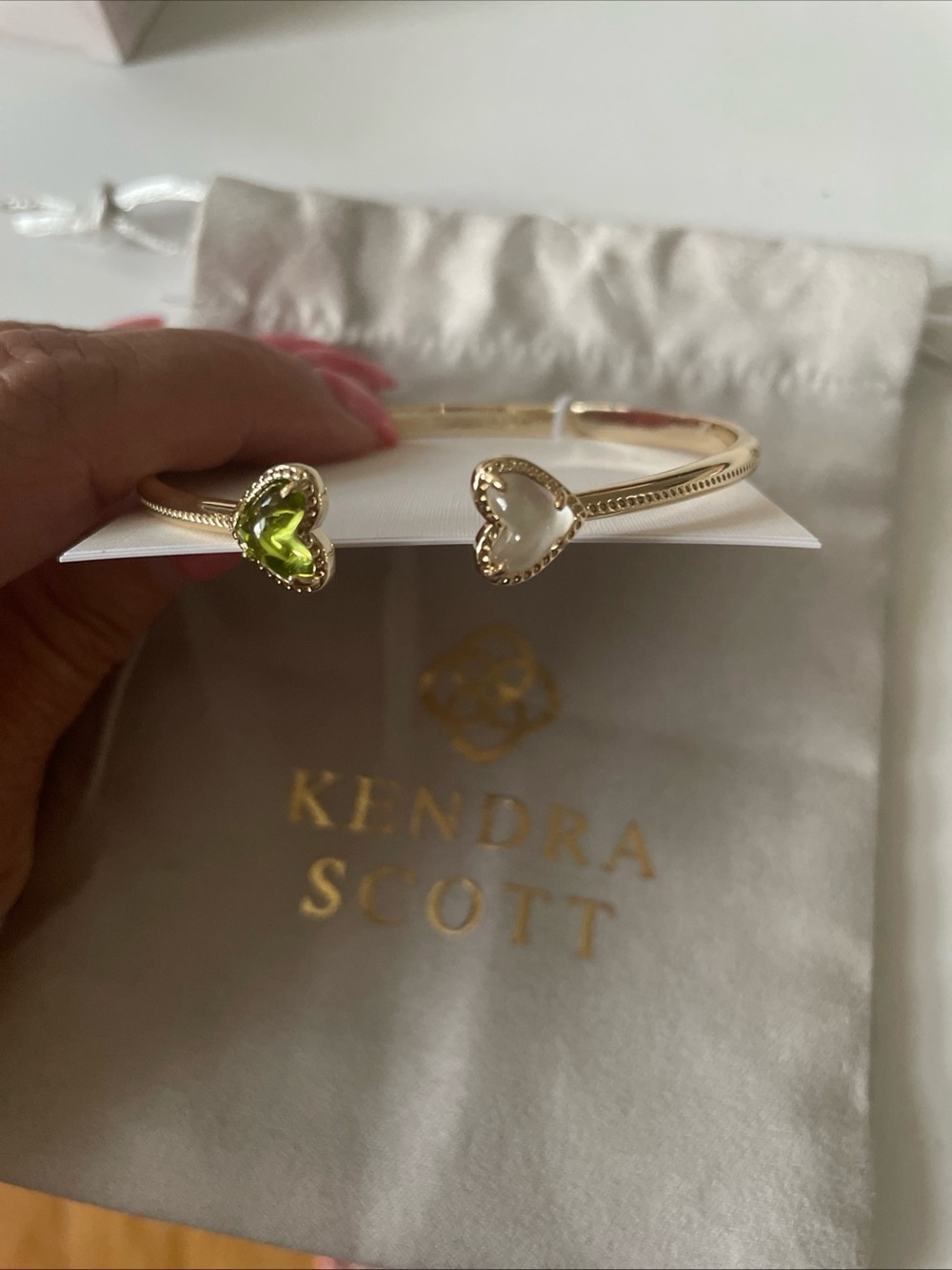 Kendra Scott Gold Heart Cuff with Peridot-Green and Mother-of-Pearl Hearts